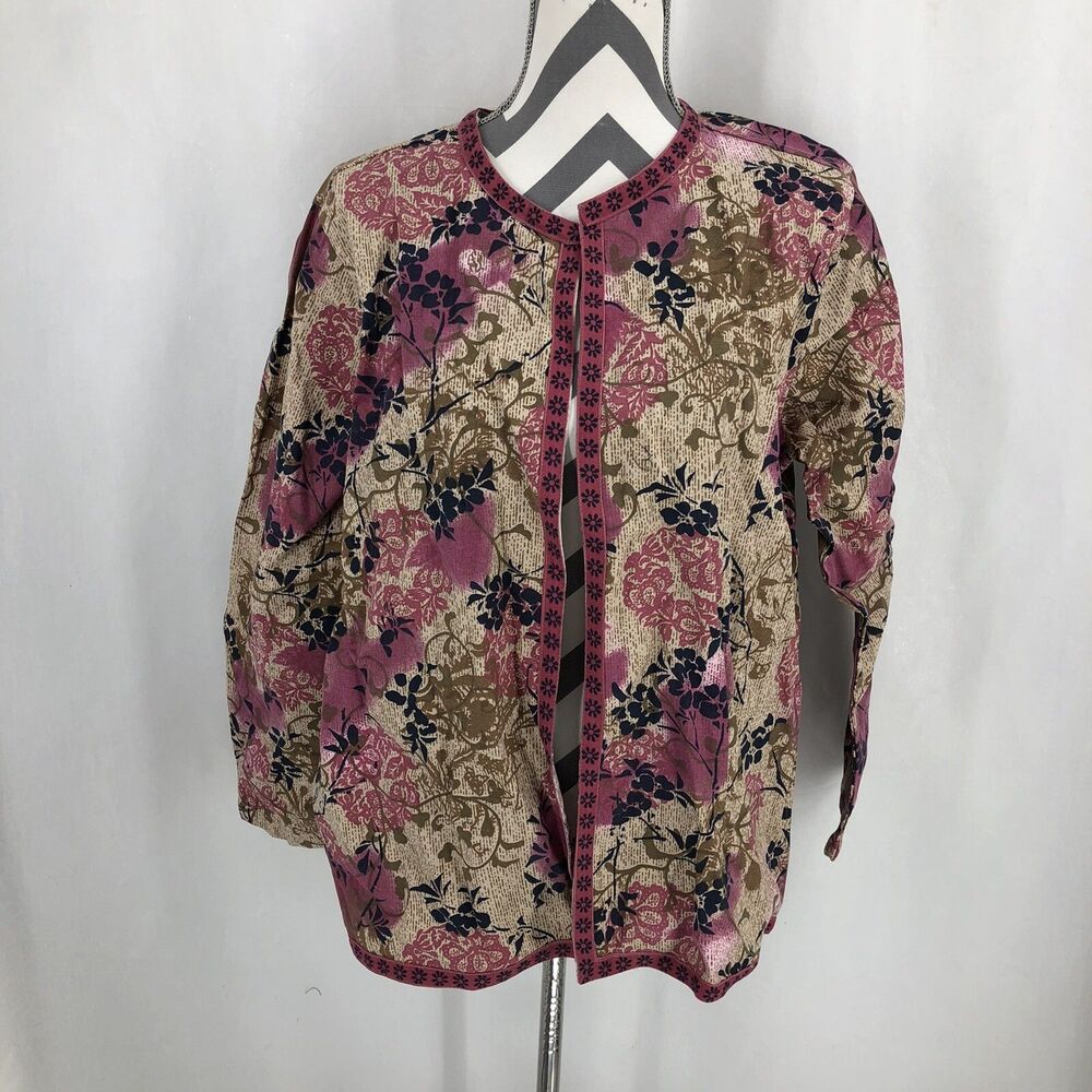 Turdor Court Open Front Floral Pink Black Tan Jacket Top Long Sleeve D1A Large